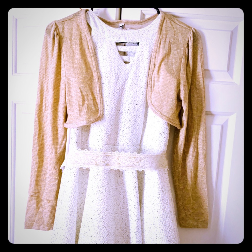 Gold & White Girls Formal Dress with Cardigan